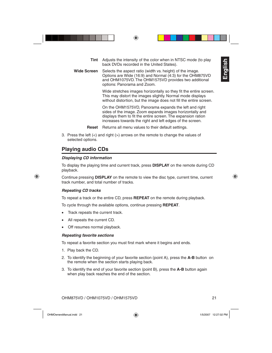 English, Playing audio cds | Clarion OHM875VD User Manual | Page 21 / 40