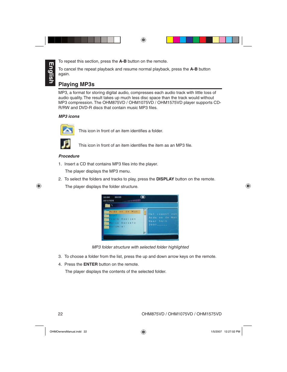 English, Playing mp3s | Clarion OHM875VD User Manual | Page 22 / 40