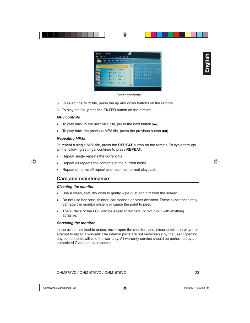 English, Care and maintenance | Clarion OHM875VD User Manual | Page 23 / 40