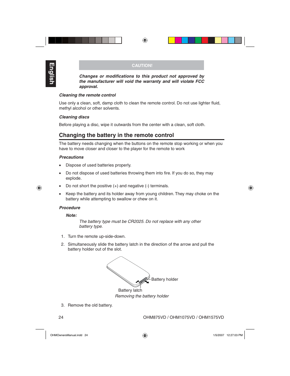 English, Changing the battery in the remote control | Clarion OHM875VD User Manual | Page 24 / 40