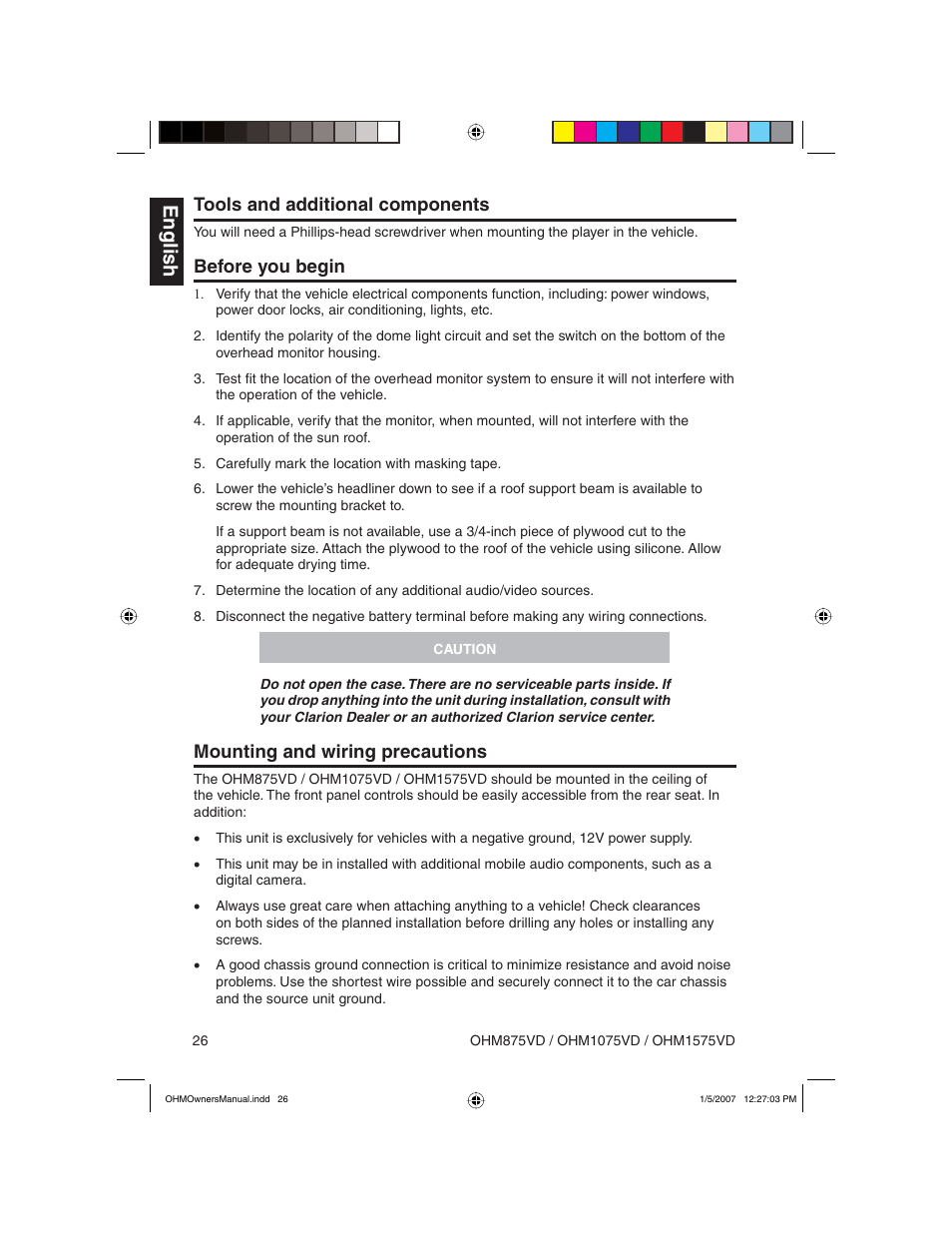 English, Tools and additional components, Before you begin | Mounting and wiring precautions | Clarion OHM875VD User Manual | Page 26 / 40