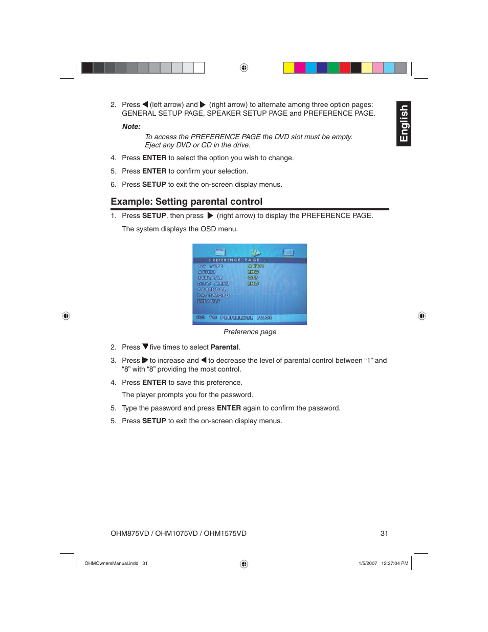 English, Example: setting parental control | Clarion OHM875VD User Manual | Page 31 / 40