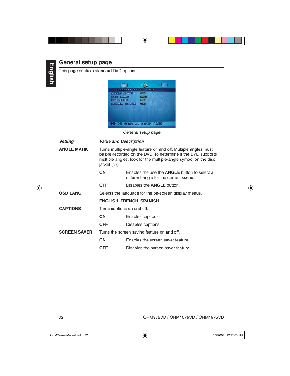 English, General setup page | Clarion OHM875VD User Manual | Page 32 / 40
