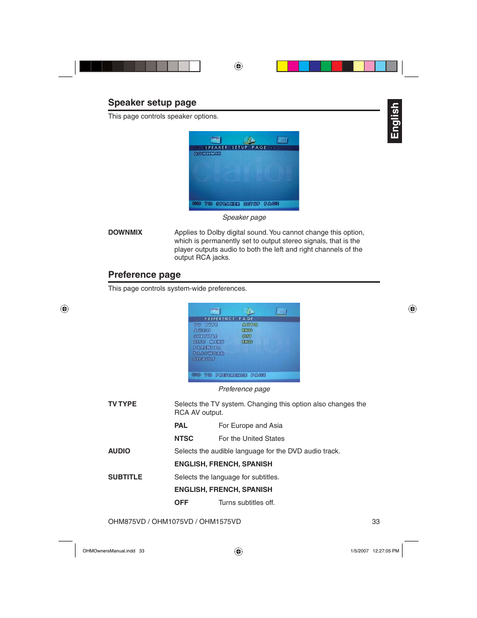 English, Speaker setup page, Preference page | Clarion OHM875VD User Manual | Page 33 / 40