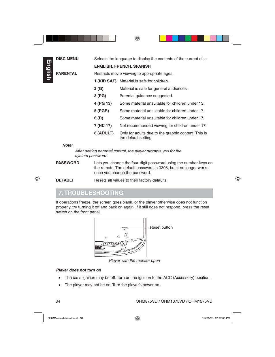 English, Troubleshooting | Clarion OHM875VD User Manual | Page 34 / 40