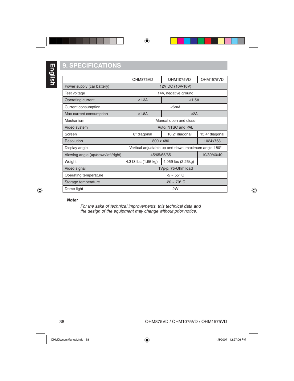 English 9. specifications | Clarion OHM875VD User Manual | Page 38 / 40