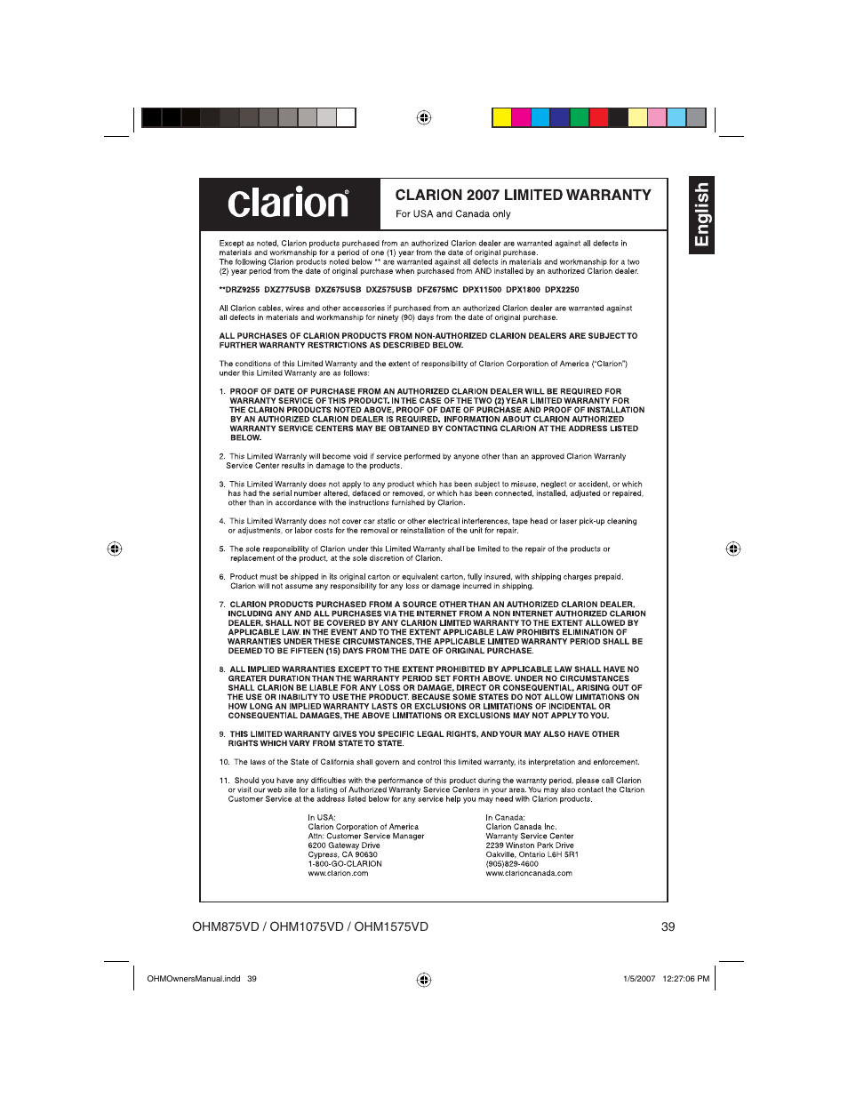 English | Clarion OHM875VD User Manual | Page 39 / 40