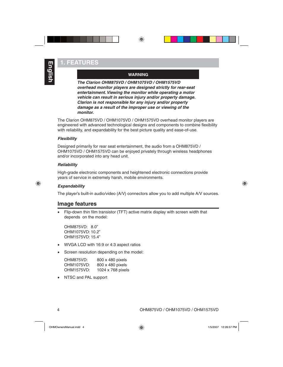 English 1. features, Image features | Clarion OHM875VD User Manual | Page 4 / 40