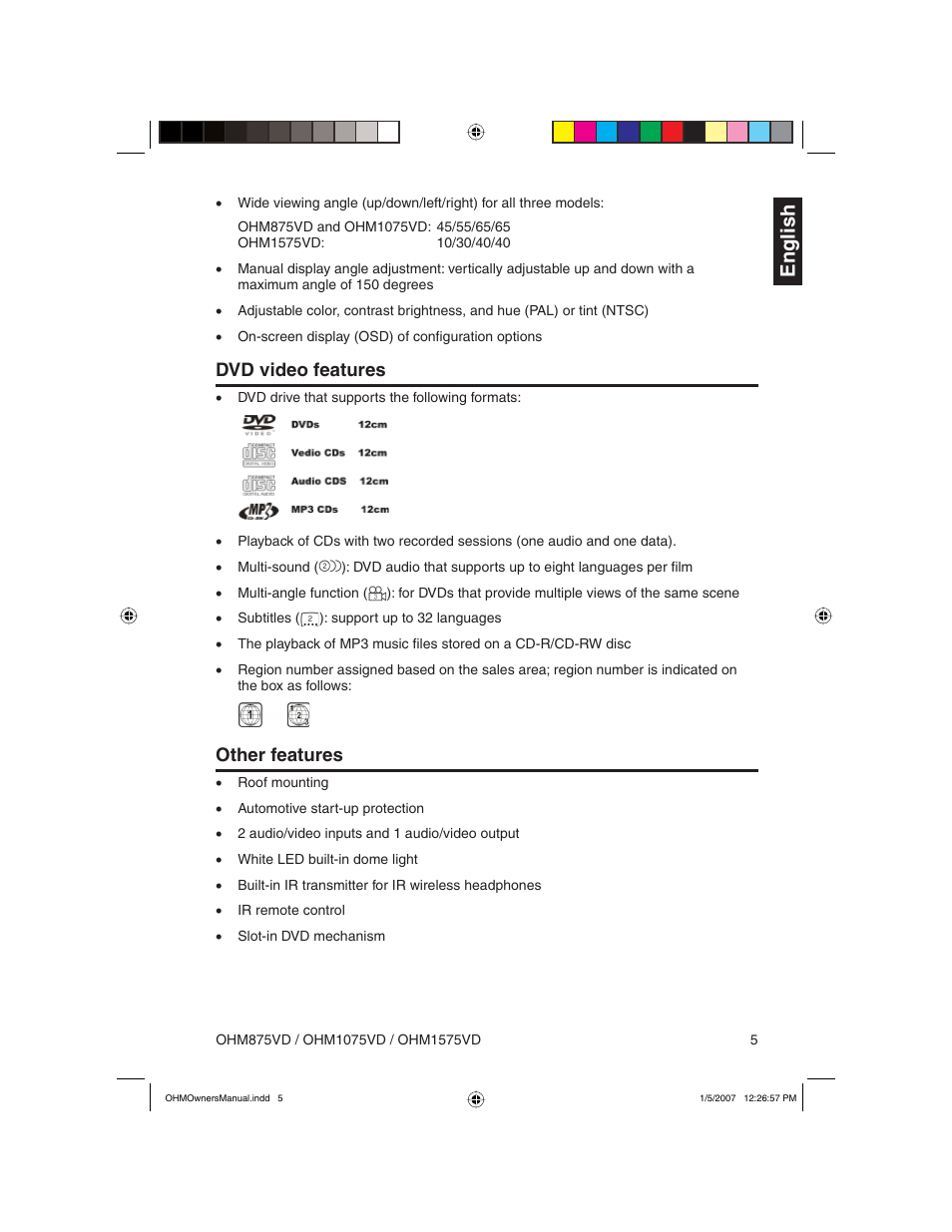 English, Dvd video features, Other features | Clarion OHM875VD User Manual | Page 5 / 40