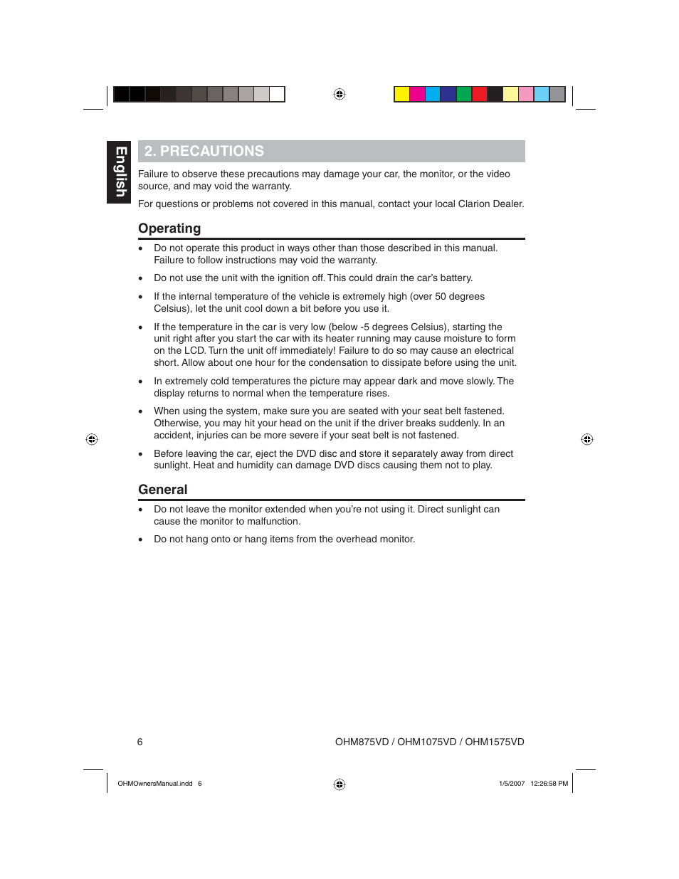 English 2. precautions, Operating, General | Clarion OHM875VD User Manual | Page 6 / 40