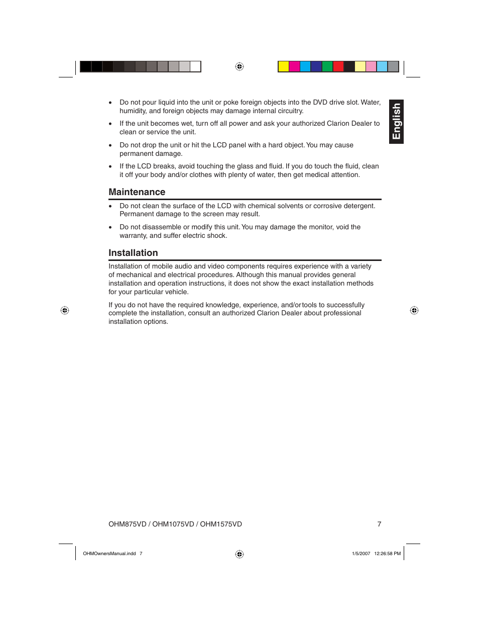 English, Maintenance, Installation | Clarion OHM875VD User Manual | Page 7 / 40