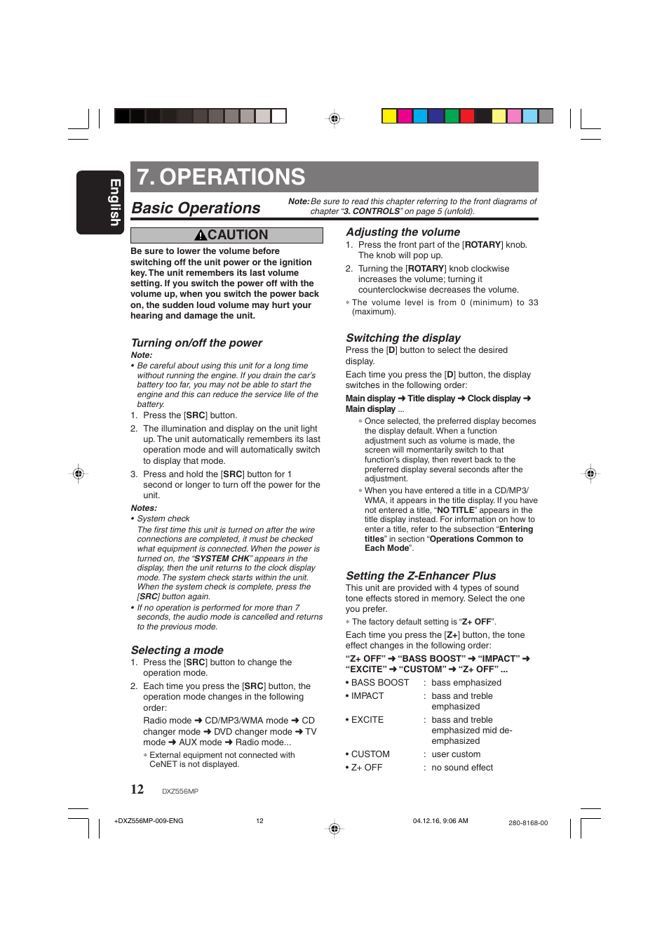 Operations, Basic operations, English | Caution | Clarion DXZ556MP User Manual | Page 10 / 25