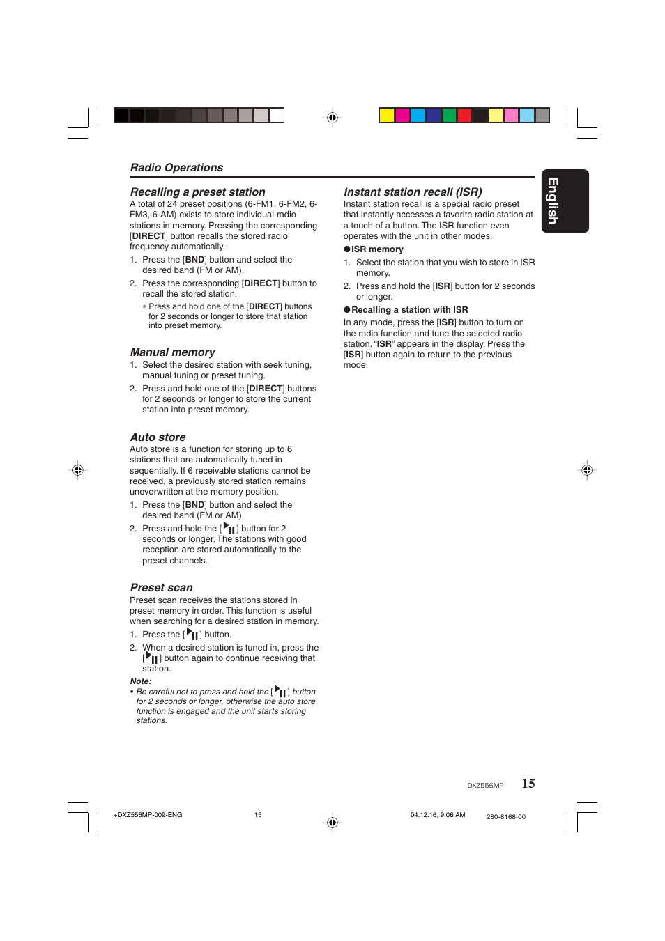 15 english, Radio operations recalling a preset station, Auto store | Preset scan, Instant station recall (isr) | Clarion DXZ556MP User Manual | Page 13 / 25