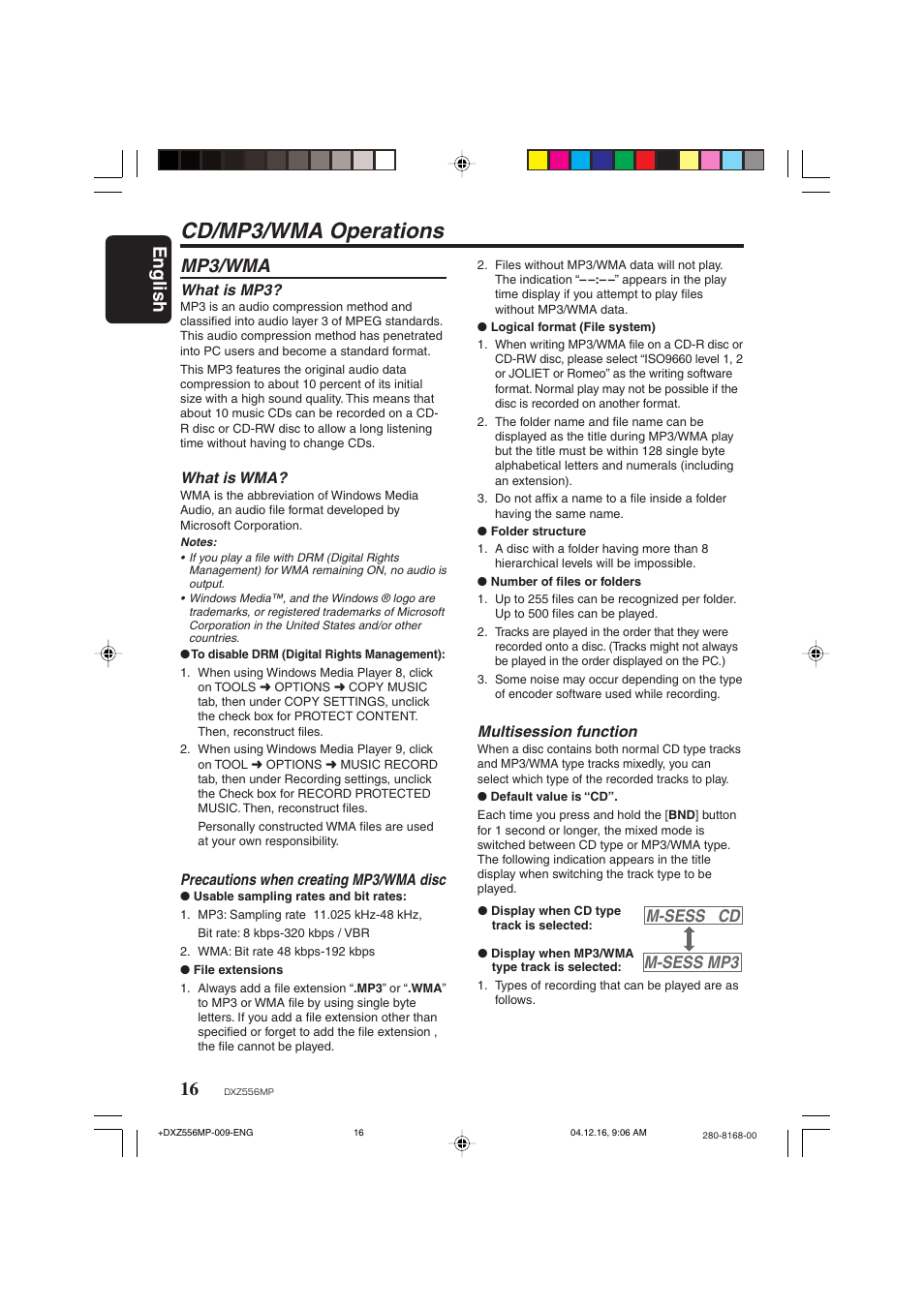 Cd/mp3/wma operations, English, Mp3/wma | M-sess cd m-sess mp3, Multisession function, What is mp3, What is wma, Precautions when creating mp3/wma disc | Clarion DXZ556MP User Manual | Page 14 / 25