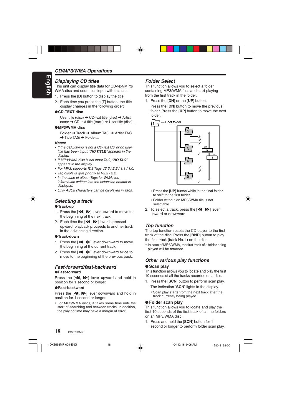 English, Cd/mp3/wma operations, Top function | Other various play functions, Displaying cd titles, Selecting a track, Fast-forward/fast-backward, Folder select | Clarion DXZ556MP User Manual | Page 16 / 25