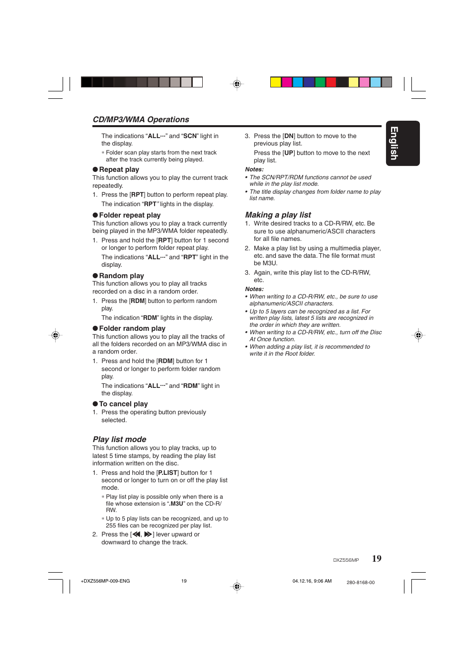 19 english, Making a play list, Cd/mp3/wma operations | Play list mode | Clarion DXZ556MP User Manual | Page 17 / 25