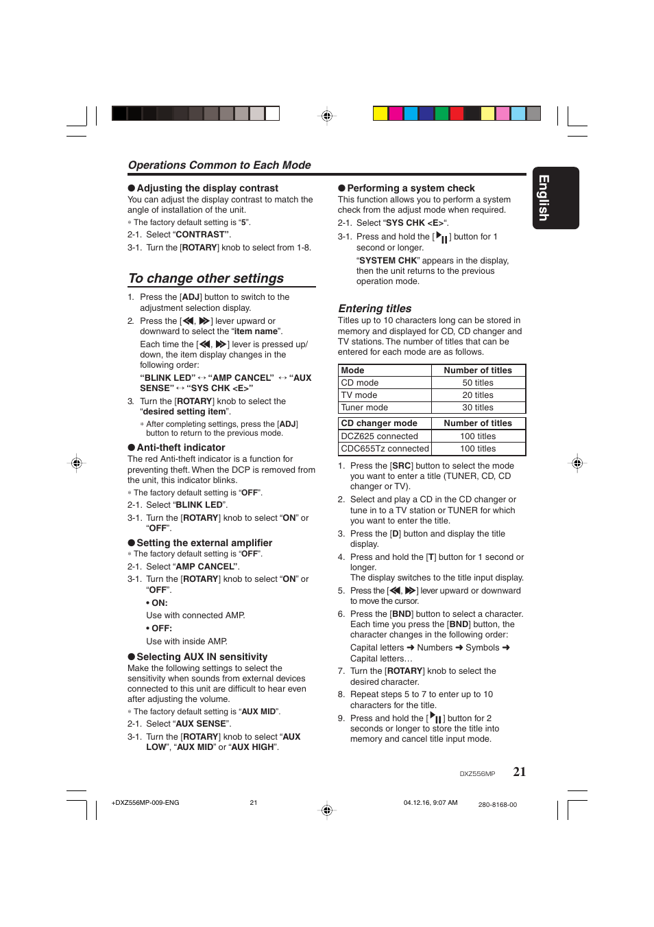 To change other settings, 21 english, Operations common to each mode | Entering titles | Clarion DXZ556MP User Manual | Page 19 / 25