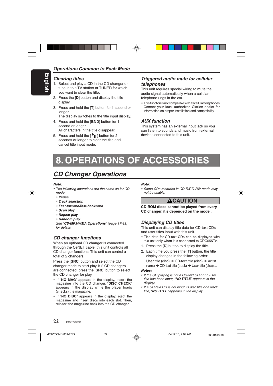 Operations of accessories, Cd changer operations, English | Caution | Clarion DXZ556MP User Manual | Page 20 / 25