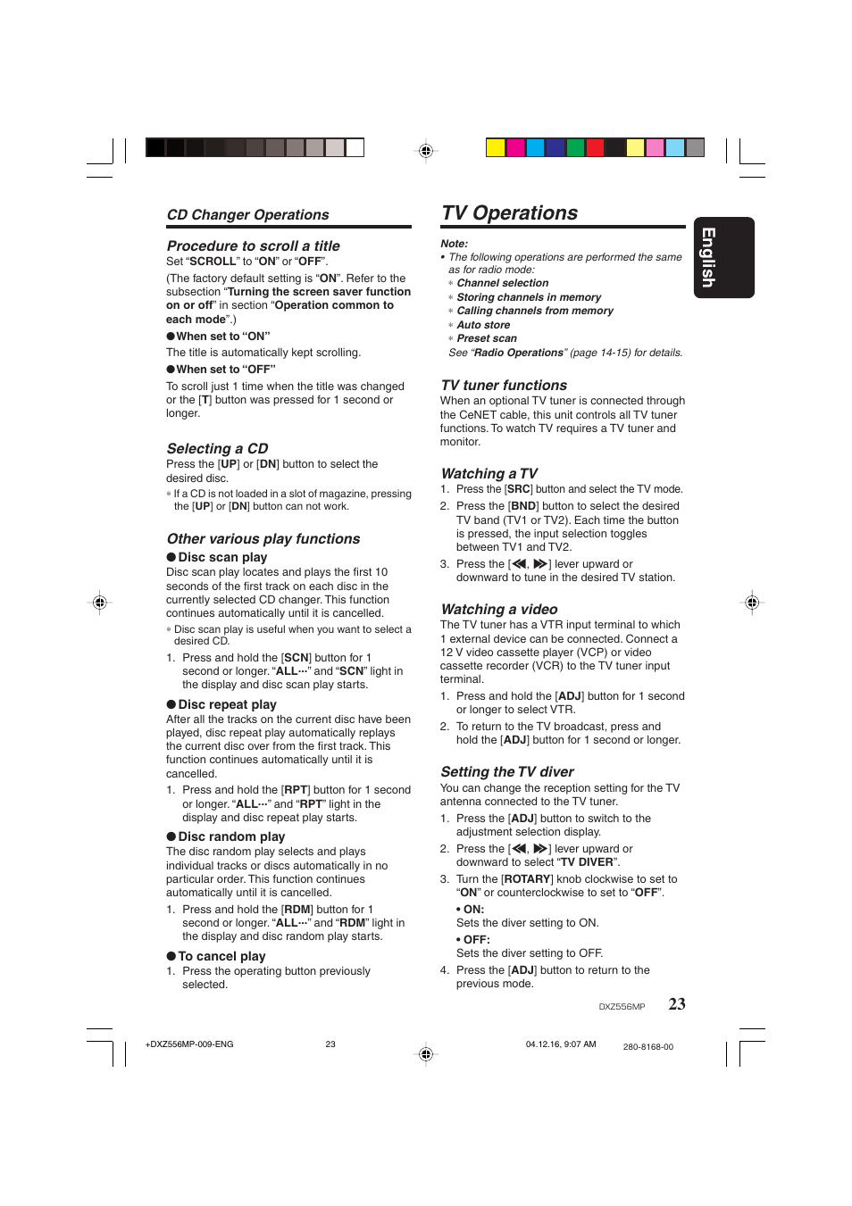 Tv operations, 23 english | Clarion DXZ556MP User Manual | Page 21 / 25