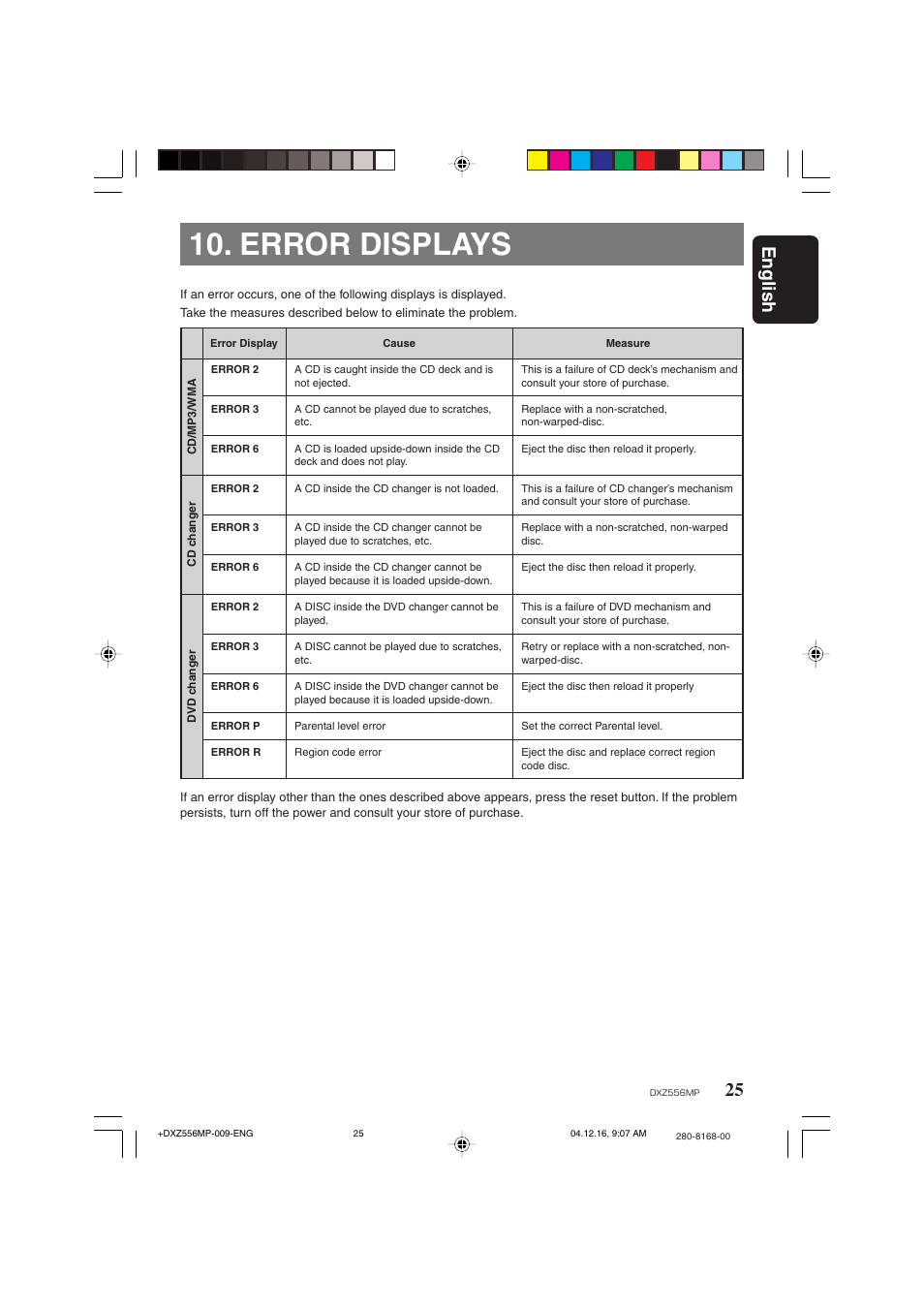 Error displays, 25 english | Clarion DXZ556MP User Manual | Page 23 / 25