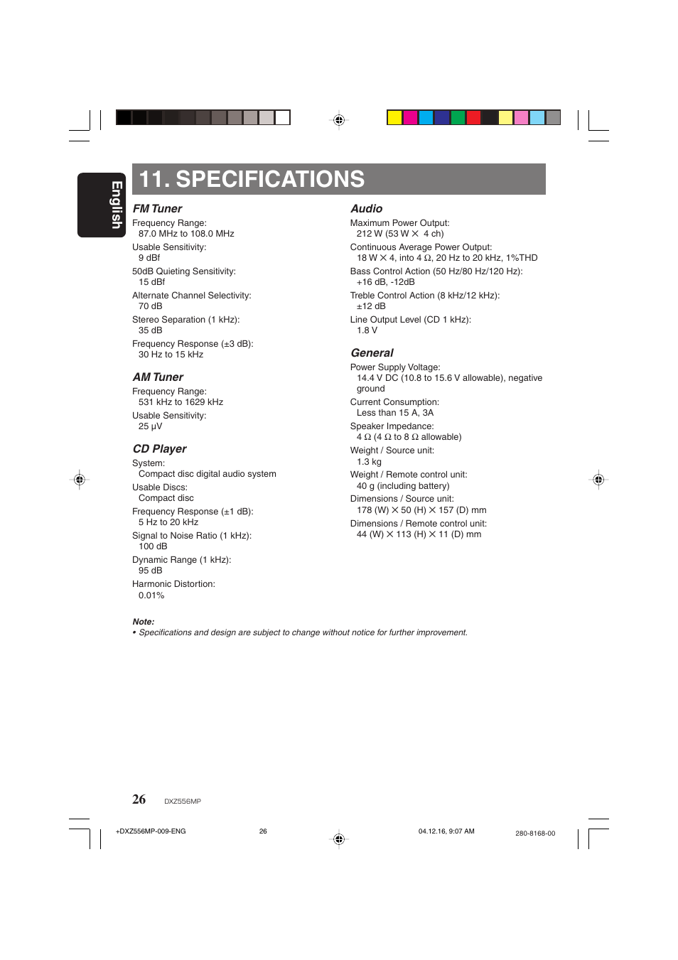 Specifications, English, Fm tuner | Am tuner, Cd player, Audio, General | Clarion DXZ556MP User Manual | Page 24 / 25