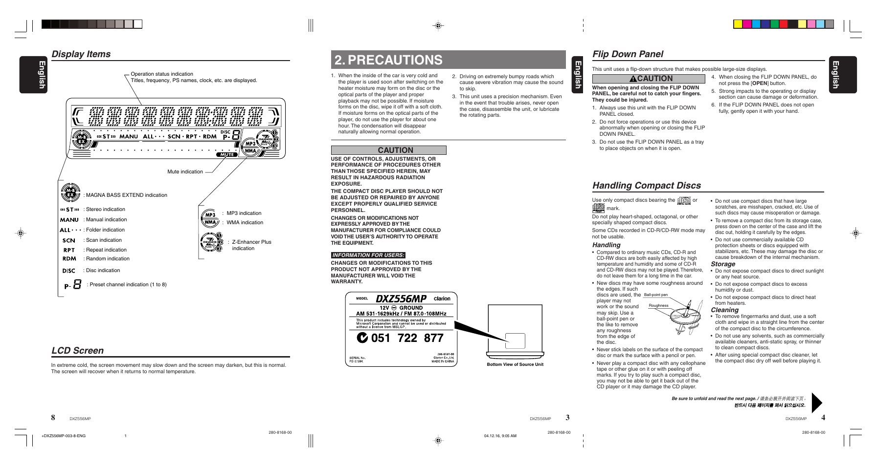 Precautions, Flip down panel, Handling compact discs | Lcd screen, Display items, English, Caution | Clarion DXZ556MP User Manual | Page 3 / 25