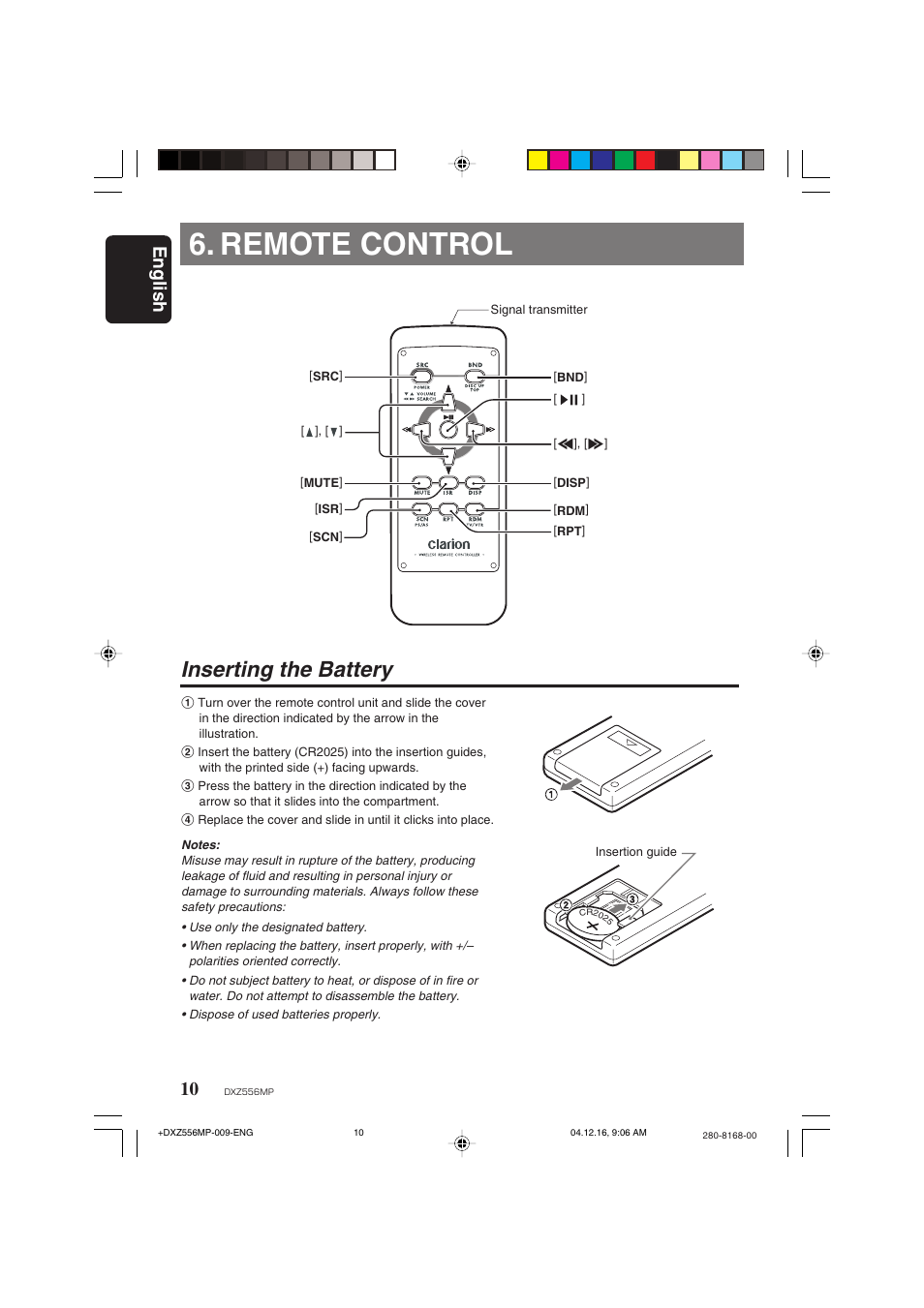 Remote control, Inserting the battery, English | Clarion DXZ556MP User Manual | Page 8 / 25