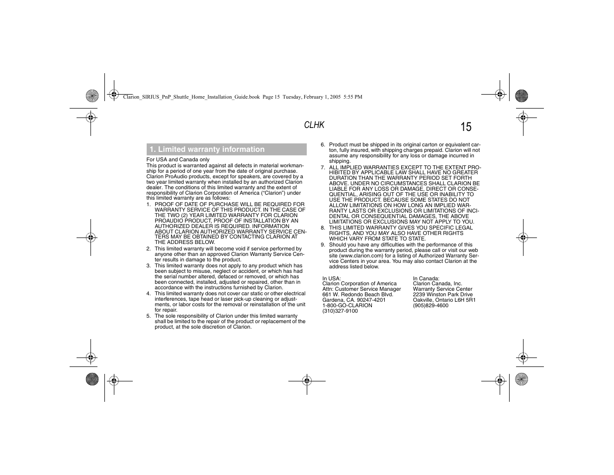 Limited warranty information, Clhk | Clarion SIRIUS CLHK User Manual | Page 17 / 20
