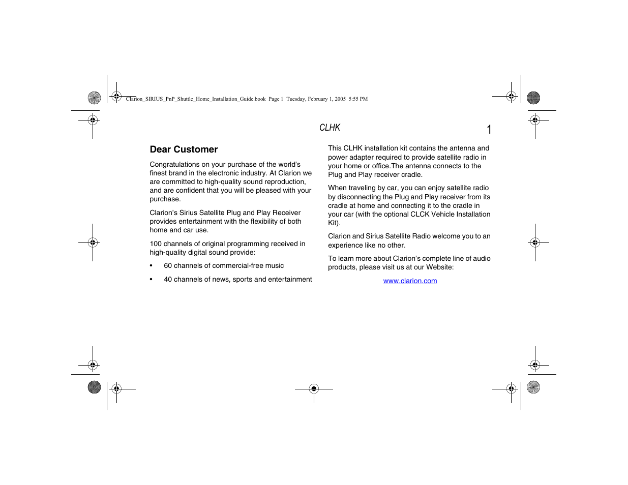 Clarion SIRIUS CLHK User Manual | Page 3 / 20