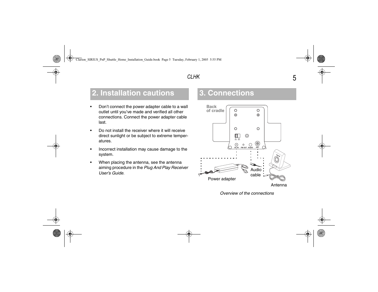 Installation cautions, Connections, Installation cautions connections | Clhk | Clarion SIRIUS CLHK User Manual | Page 7 / 20