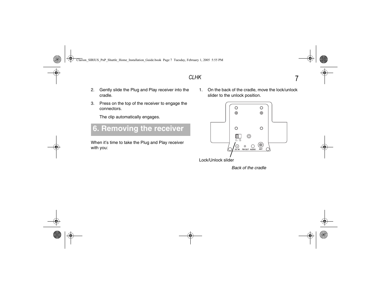 Removing the receiver, Clhk | Clarion SIRIUS CLHK User Manual | Page 9 / 20