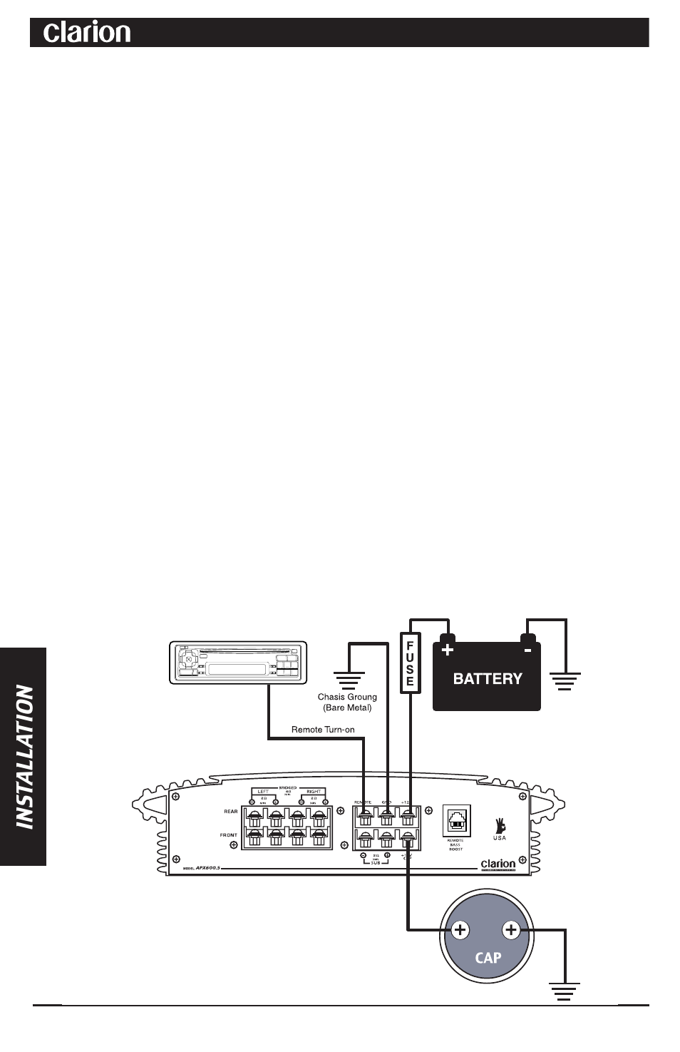 Apx600.5 power system amplifier, Ins tall a tion, Apx600.5 power system amplifier ins tall a tion | Clarion APX600.5 User Manual | Page 12 / 16