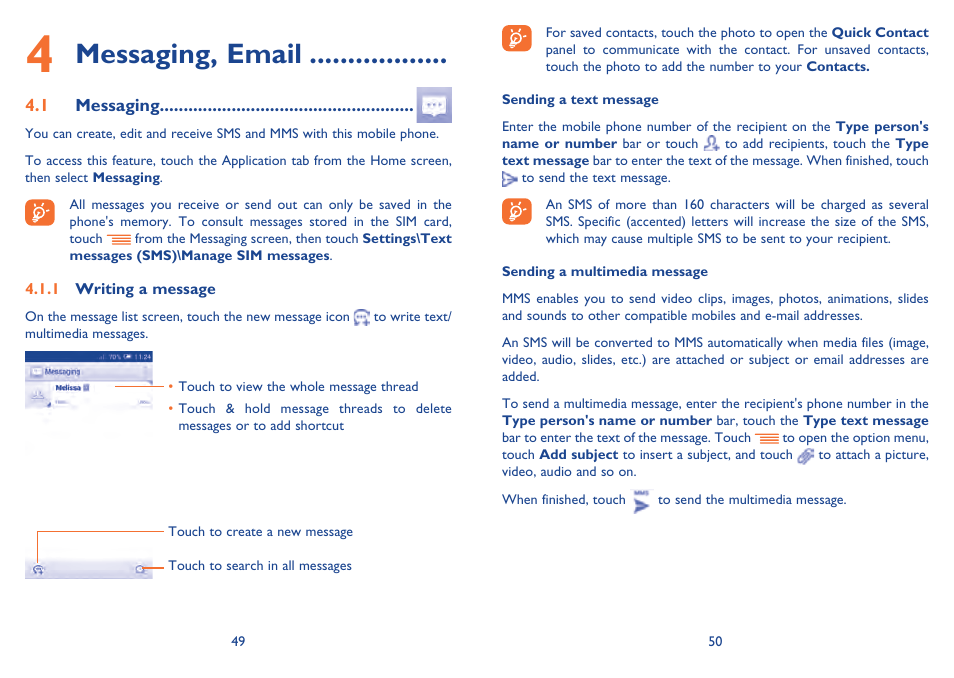 Messaging, email | Alcatel Idol Mini User Manual | Page 26 / 72