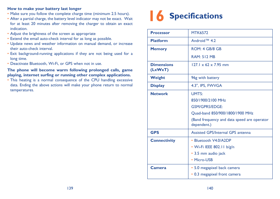 Specifications | Alcatel Idol Mini User Manual | Page 71 / 72