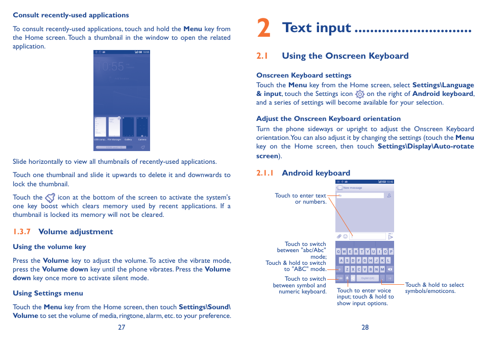 2 text input, 1 using the onscreen keyboard, Text input | Alcatel Idol 2s User Manual | Page 15 / 70