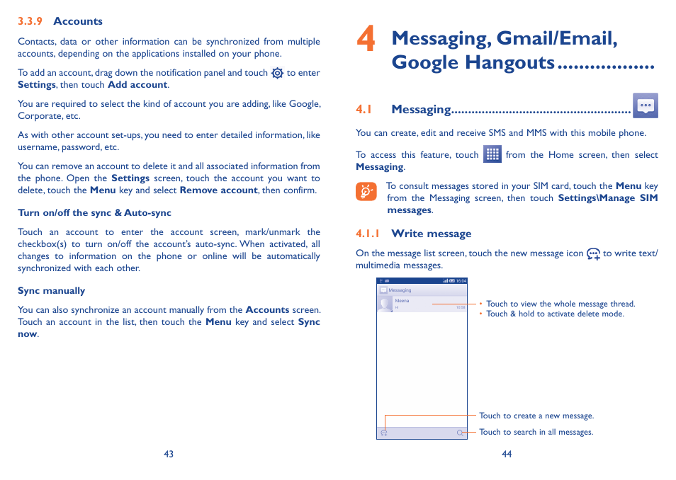 4 messaging, gmail/email, google hangouts, 1 messaging, Messaging, gmail/email, google hangouts | Alcatel Idol 2s User Manual | Page 23 / 70