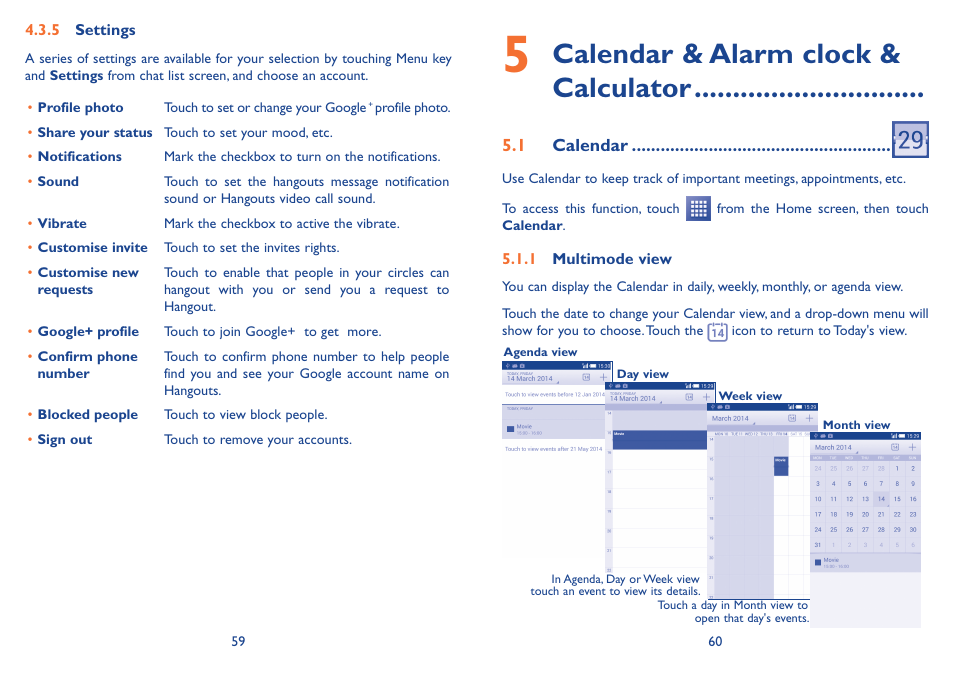 5 calendar & alarm clock & calculator, 1 calendar, Calendar & alarm clock & calculator | Alcatel Idol 2s User Manual | Page 31 / 70
