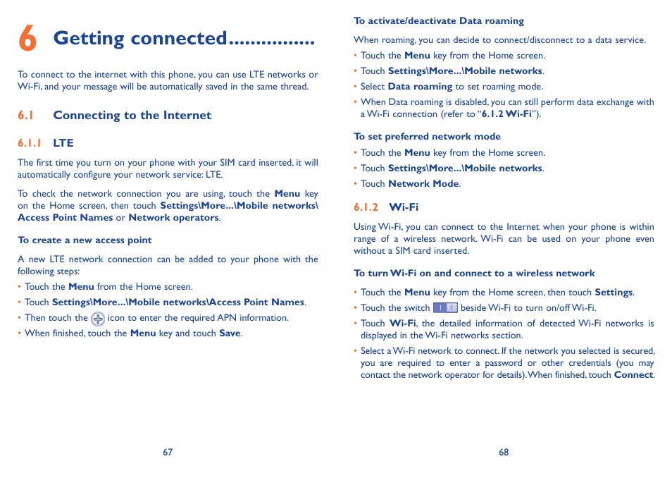 6 getting connected, 1 connecting to the internet, Getting connected | Alcatel Idol 2s User Manual | Page 35 / 70