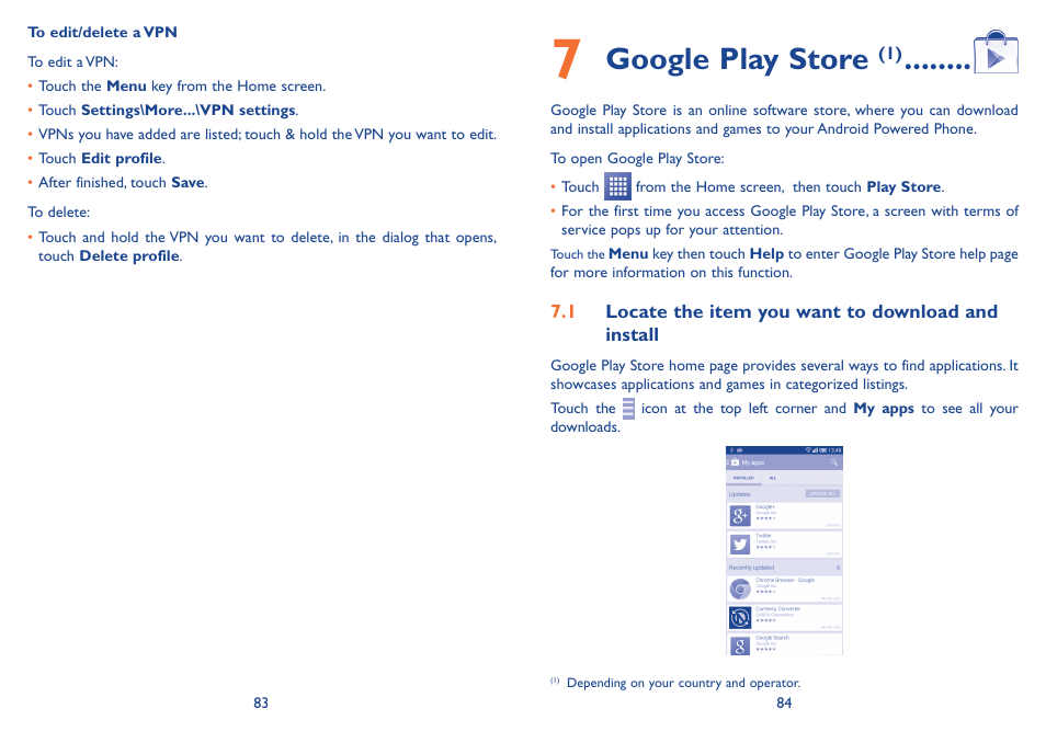 7 google play store, 1 locate the item you want to download and install, Google play store | Alcatel Idol 2s User Manual | Page 43 / 70