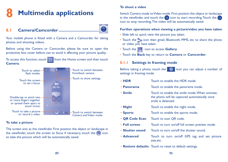 8 multimedia applications, 1 camera/camcorder, Multimedia applications | Alcatel Idol 2s User Manual | Page 46 / 70