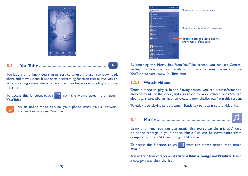 3 youtube, 4 music, 3 youtube 8.4 music | Alcatel Idol 2s User Manual | Page 48 / 70