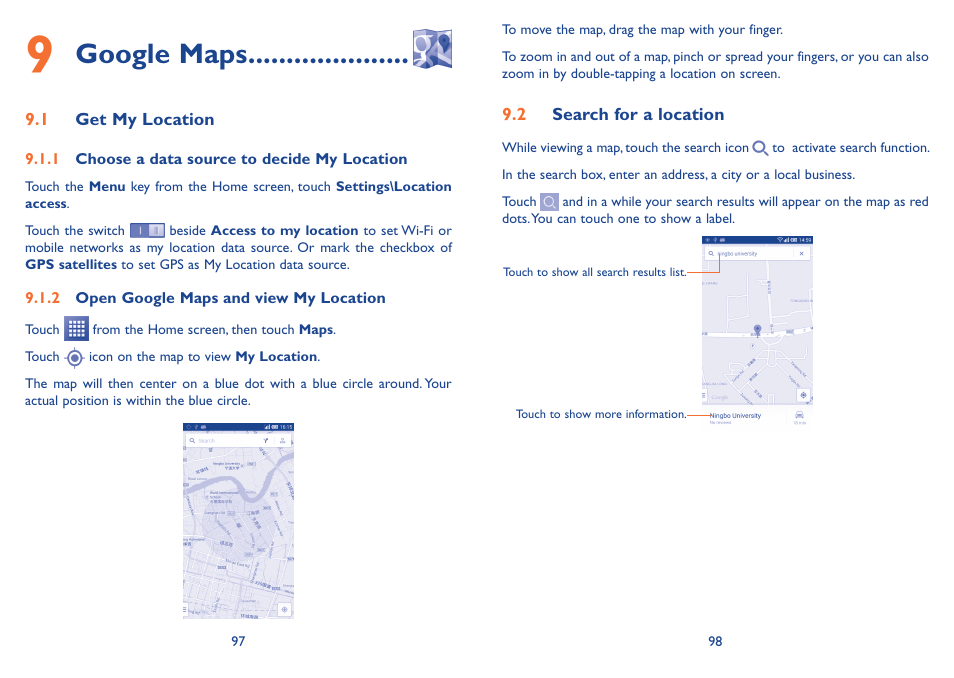 9 google maps, 1 get my location, 2 search for a location | 1 get my location 9.2 search for a location, Google maps | Alcatel Idol 2s User Manual | Page 50 / 70