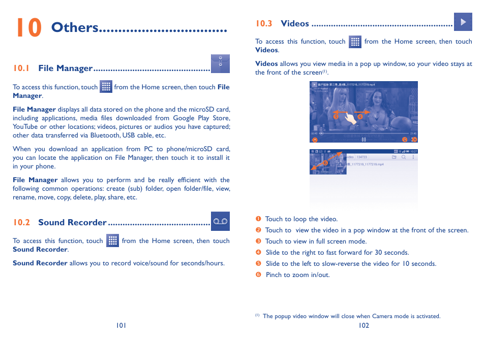 10 others, 1 file manager, 2 sound recorder | 3 videos, 1 file manager 10.2 sound recorder 10.3 videos, Others | Alcatel Idol 2s User Manual | Page 52 / 70