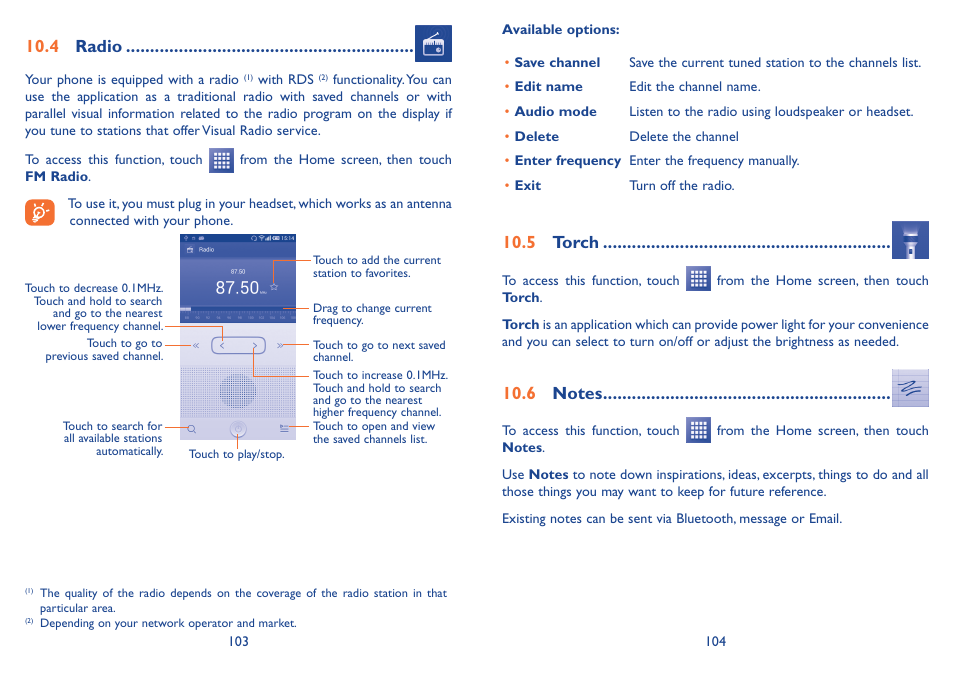4 radio, 5 torch, 6 notes | 4 radio 10.5 torch 10.6 notes, 10�4 radio, 10�5 torch | Alcatel Idol 2s User Manual | Page 53 / 70