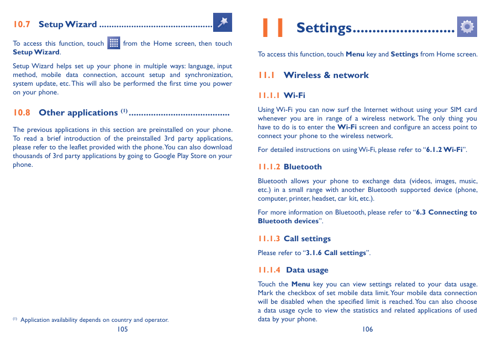 7 setup wizard, 8 other applications, 11 settings | 1 wireless & network, 7 setup wizard 10.8 other applications, Settings | Alcatel Idol 2s User Manual | Page 54 / 70
