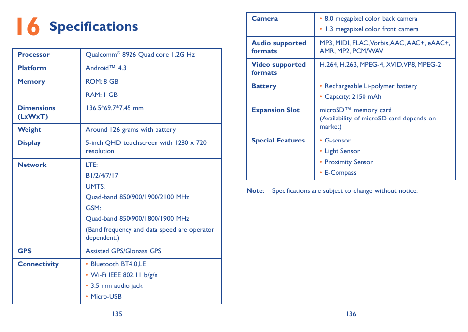 16 specifications, Specifications | Alcatel Idol 2s User Manual | Page 69 / 70