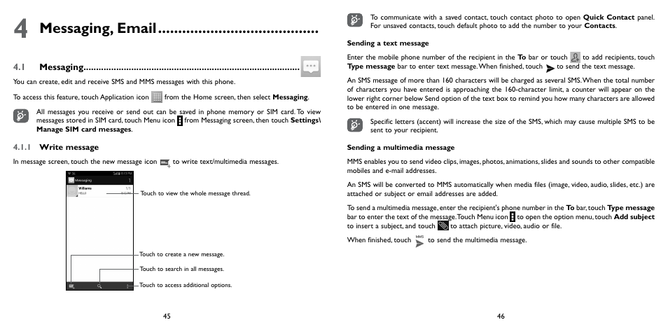 4 messaging, email, 1 messaging, 4 messaging, email | Messaging, email | Alcatel ONE TOUCH Fierce 2 User Manual | Page 24 / 68