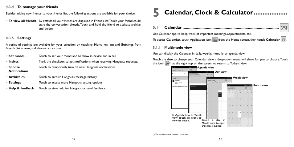 5 calendar, alarm clock & calculator, 1 calendar, 5 calendar, clock & calculator | Calendar, clock & calculator | Alcatel ONE TOUCH Fierce 2 User Manual | Page 31 / 68