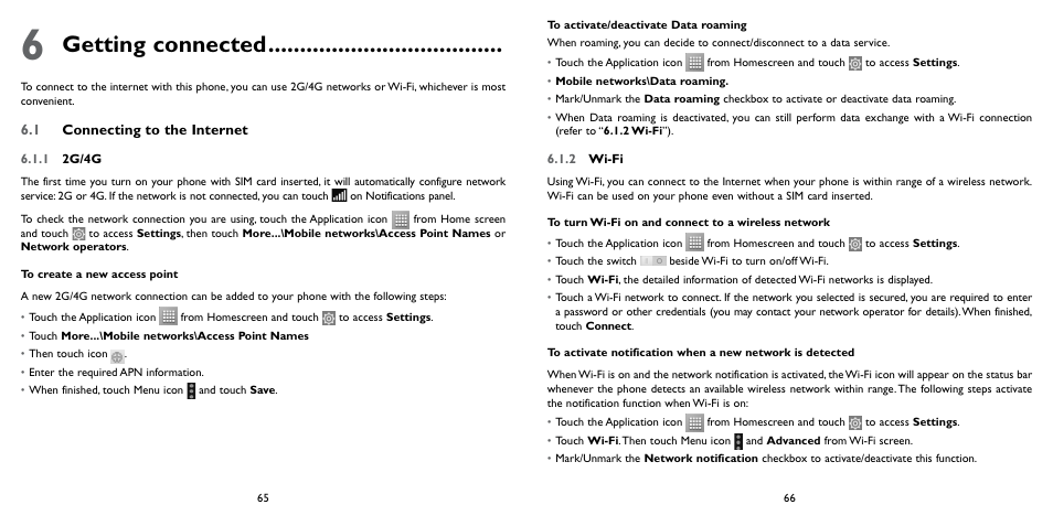 6 getting connected, 1 connecting to the internet, Getting connected | Alcatel ONE TOUCH Fierce 2 User Manual | Page 34 / 68
