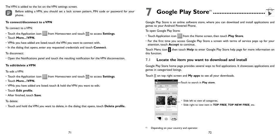 7 google play store, 1 locate the item you want to download and install, Google play store | Alcatel ONE TOUCH Fierce 2 User Manual | Page 37 / 68